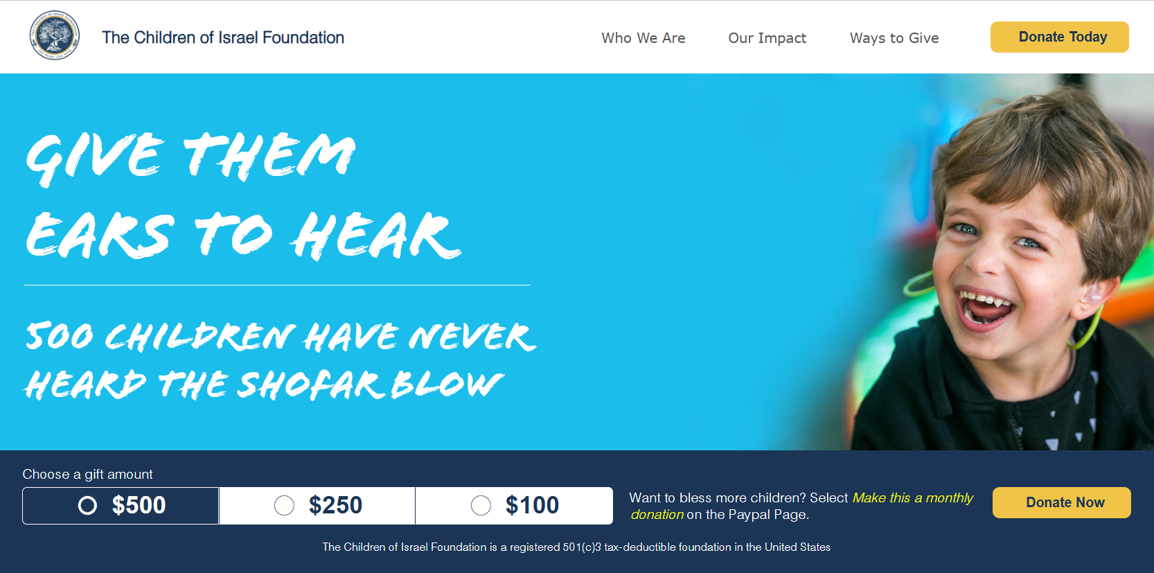 Children of Israel Foundation donation campaign homepage