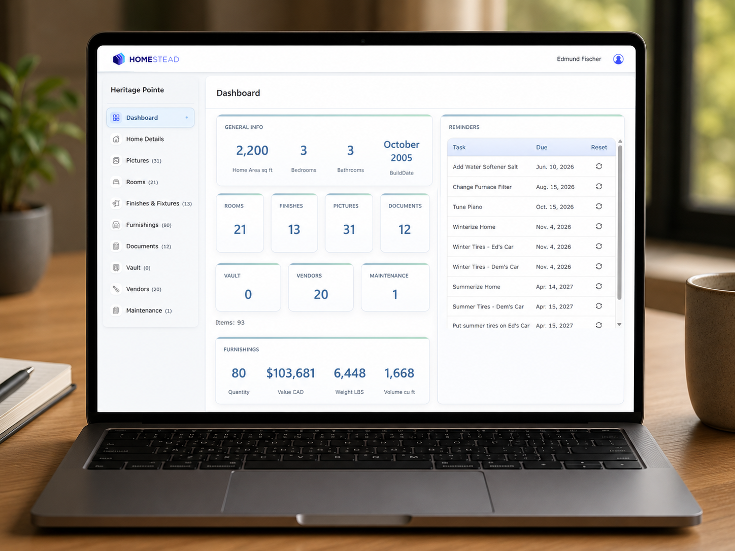 Homestead dashboard showing home records and reminders